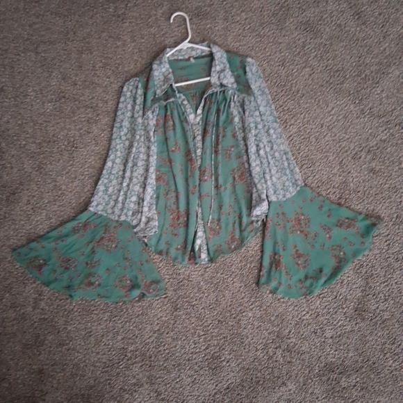 Free People Serena Floral Button Up Blouse Shirt Top Emerald Combo L Boho Hippie - Picture 5 of 8